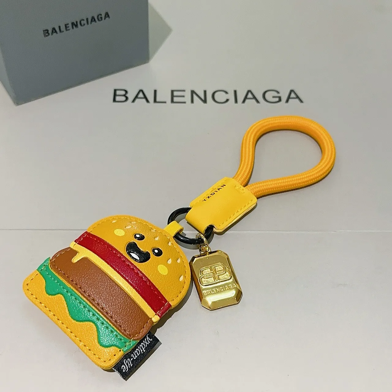 Balenciaga Yellow Multicolor Hamburger-Shaped Leather Keychain Cartoon Face Detail Phone Accessory