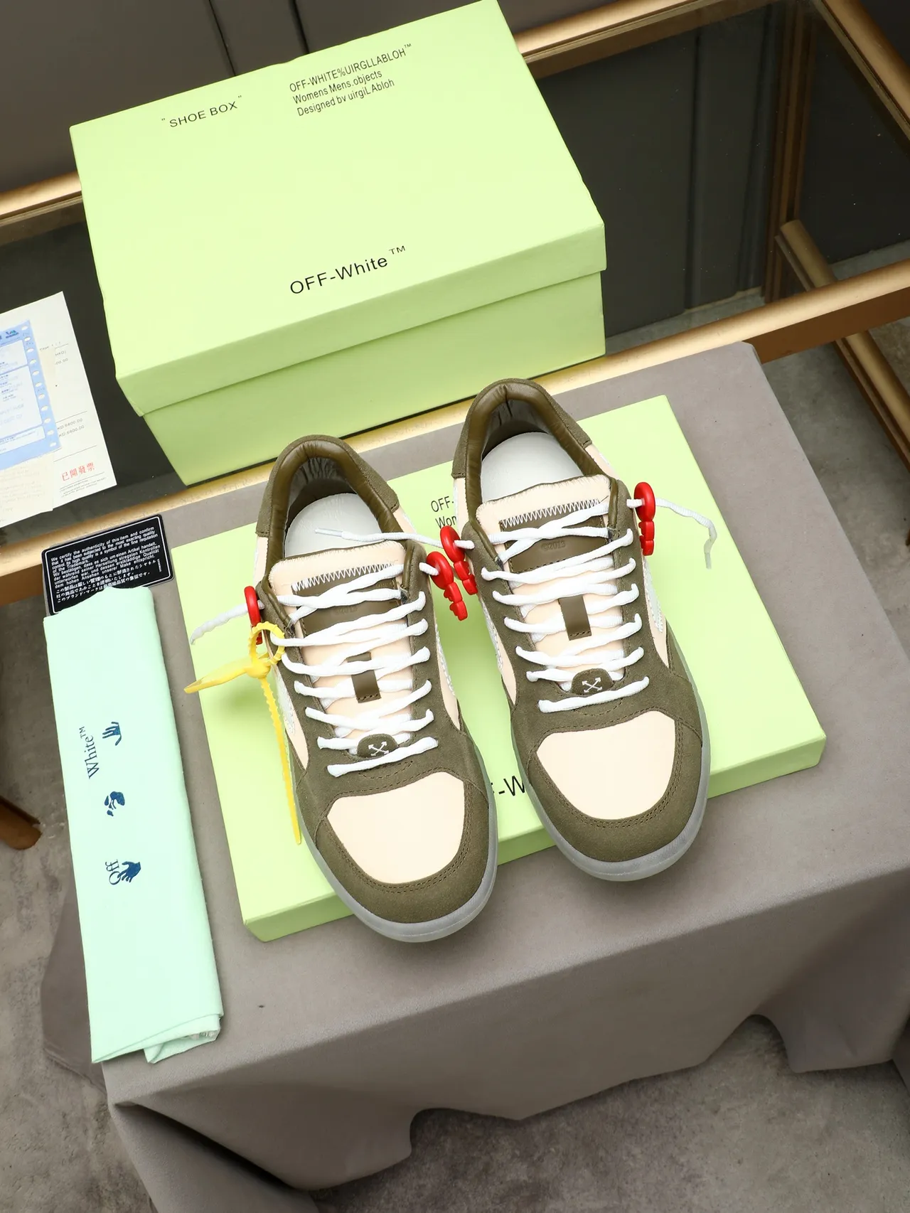 Off-White Army Green Beige Deconstructed Paneling Industrial Zip-Tie Laces Lifestyle Sneakers