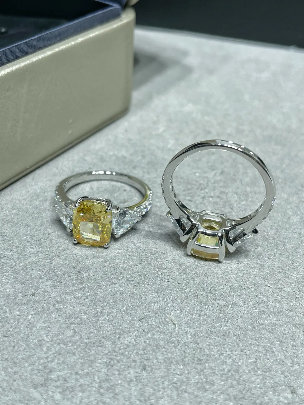 Three-Stone Cushion-Cut Yellow and White Gem Ring