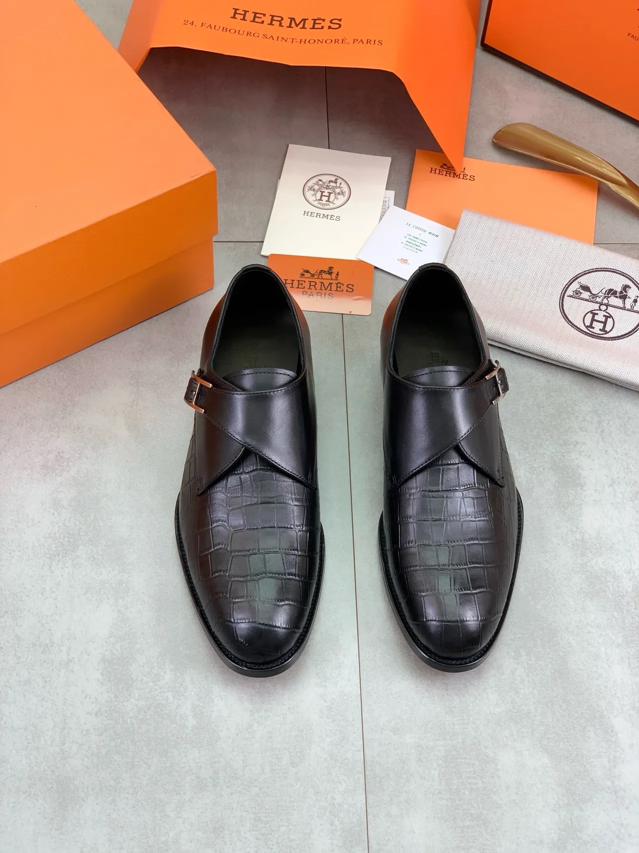Hermès H-Buckle Monk Shoe Black Crocodile-Embossed Leather Men's Monk Shoes