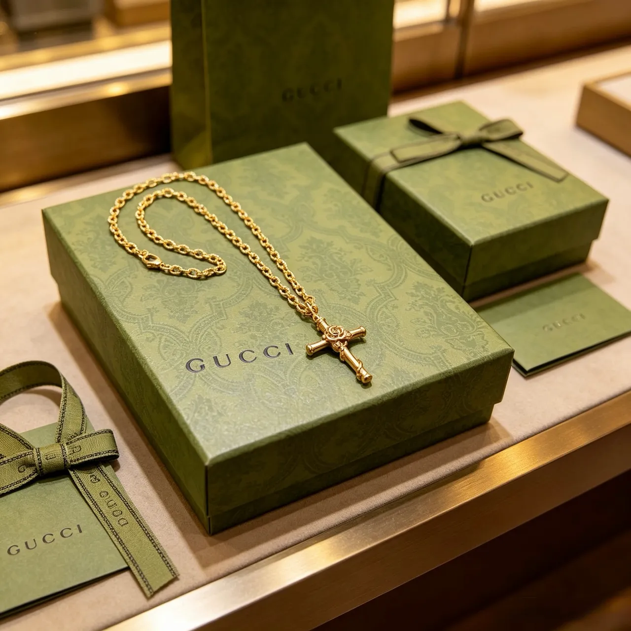 Gucci Bamboo Cross Pendant Gold-Tone Necklace