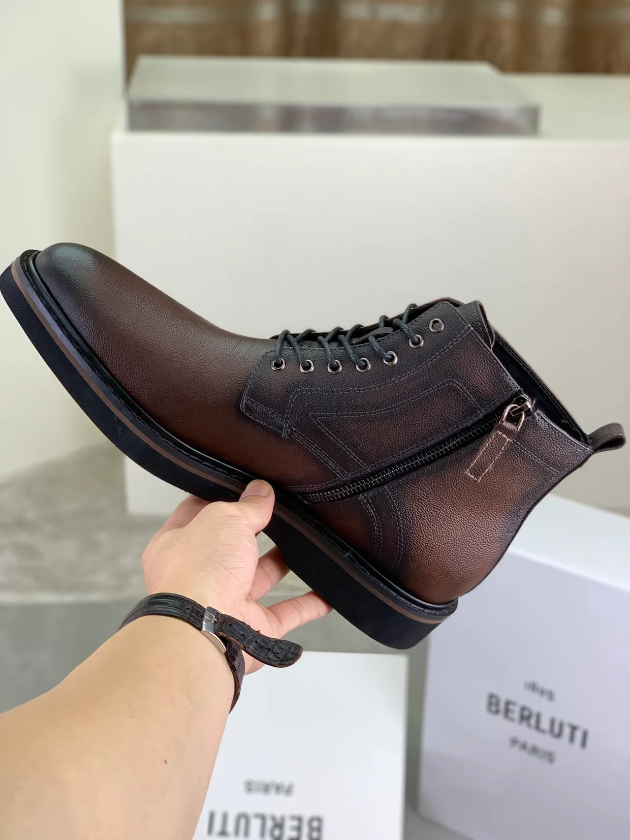 Berluti Brown Leather Lace-Up Side-Zip Ankle Boots