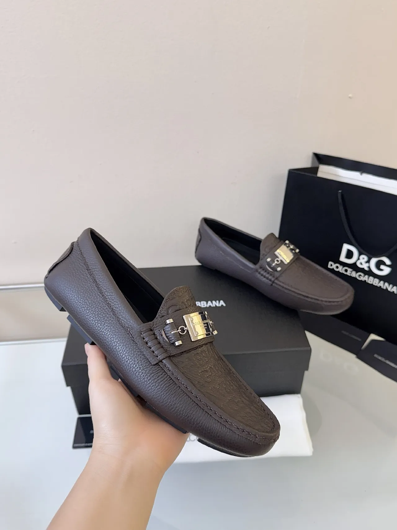 Dolce & Gabbana Portofino Brown Pebbled Leather Horsebit Loafers