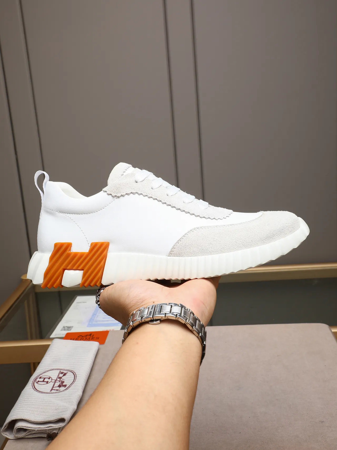 Hermès H Pantin White and Orange Lifestyle Sneakers