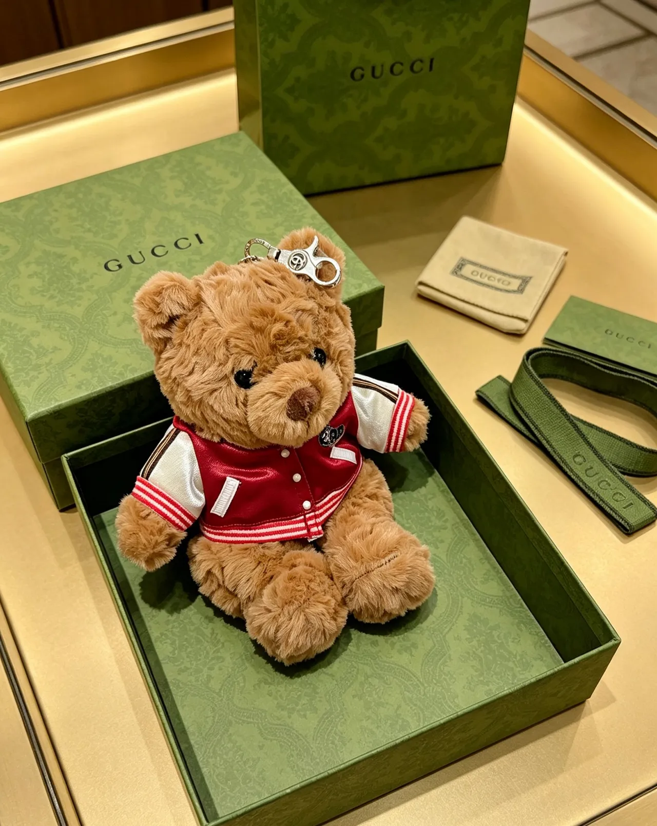 Gucci Brown Red Plush Teddy Bear Varsity Jacket Handbag