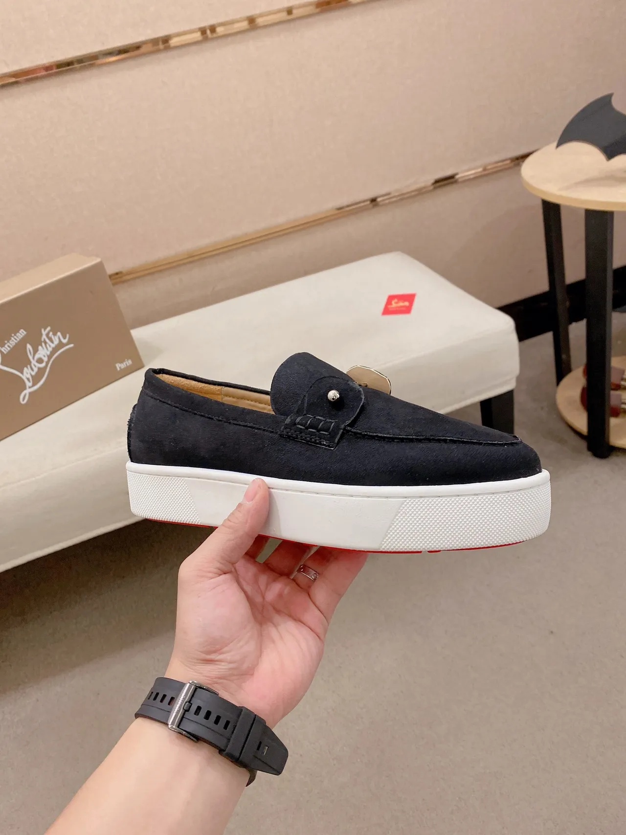 Christian Louboutin Black White Suede Platform Sole Loafer