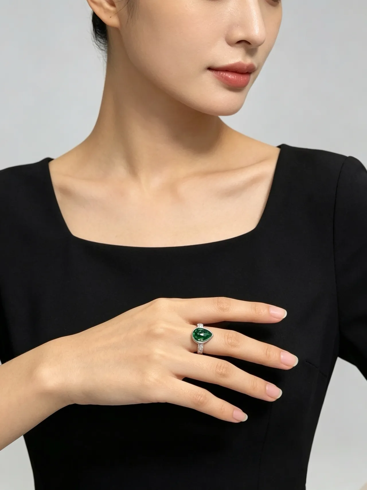 Pear-Cut Green Gemstone Pavé Band Ring