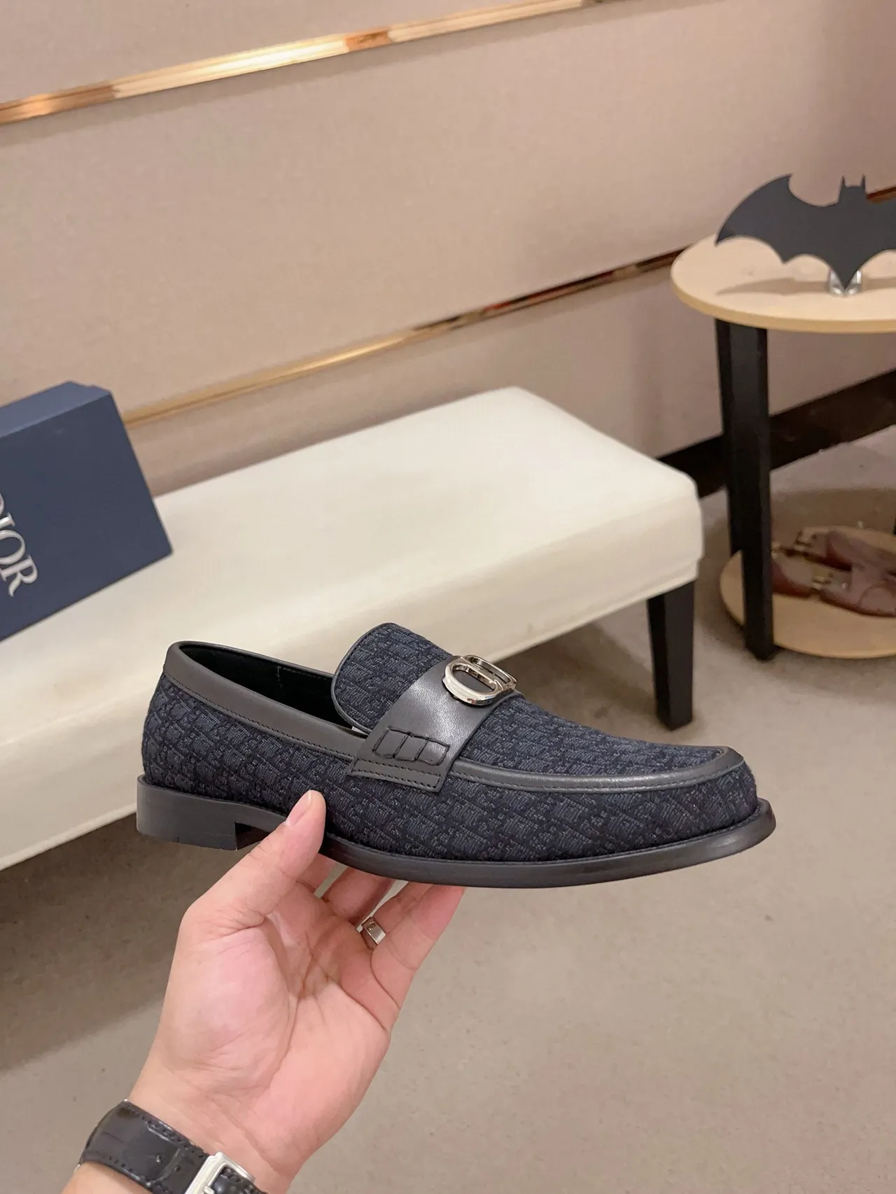 Navy Black Textured Monogrammed Fabric Upper Leather Trim Loafer