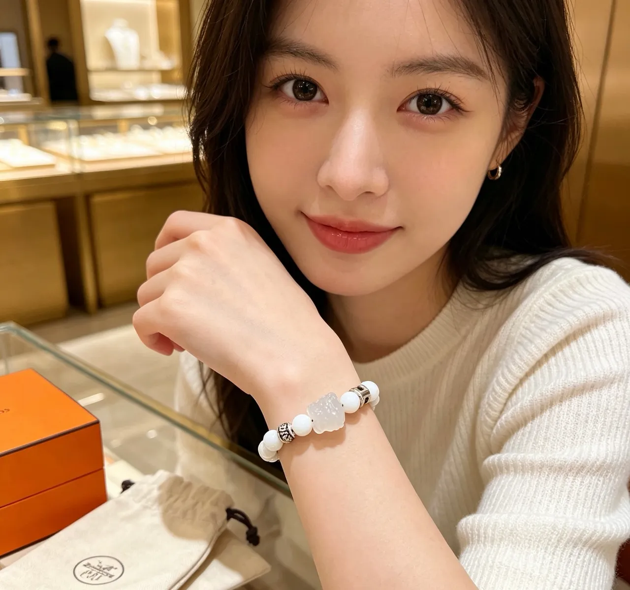 Hermès White Silver Stone Beads Metal Accents Bracelet