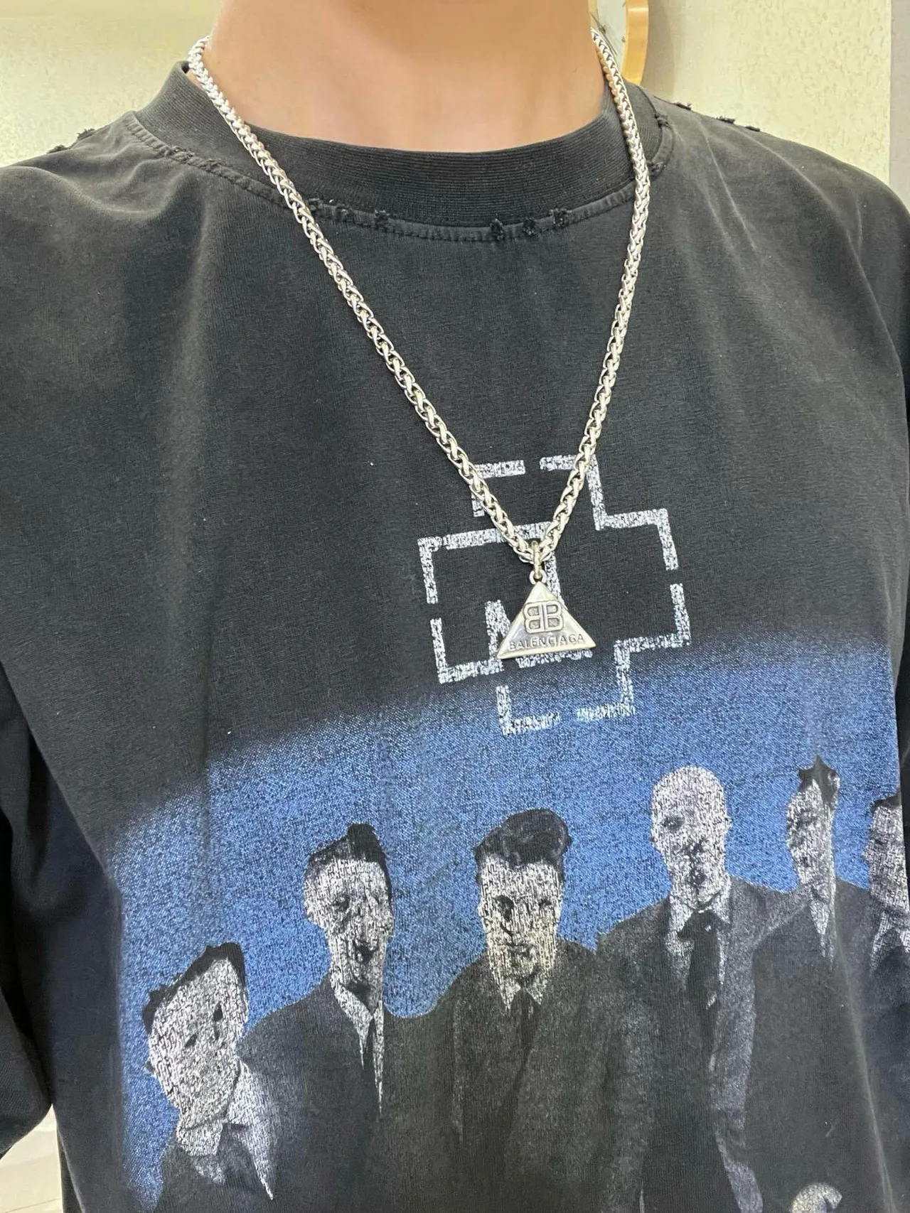Balenciaga Triangle Pendant Silver Curb Chain Necklace