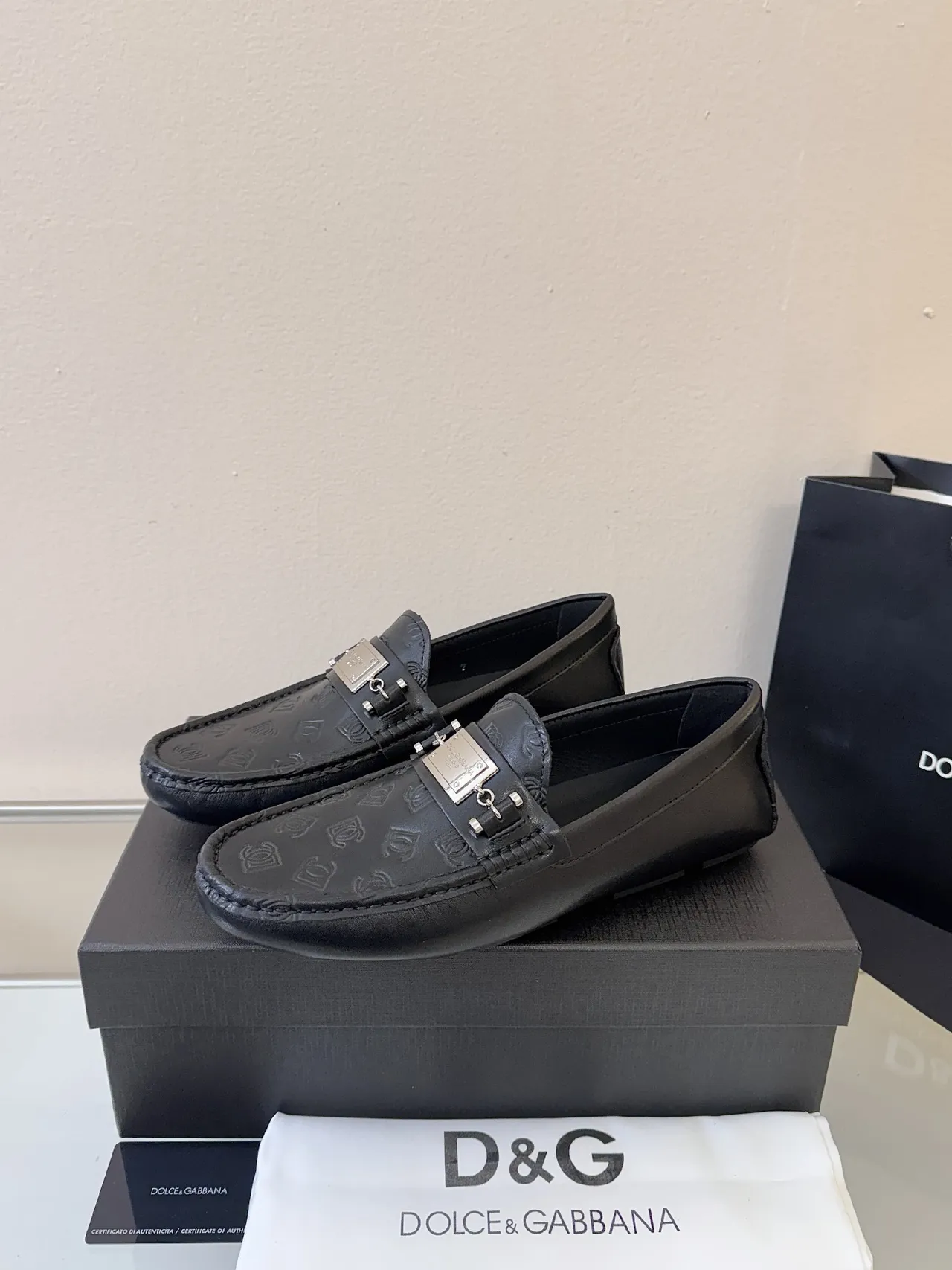 Dolce & Gabbana Portofino Embossed Monogram Black Leather Loafers
