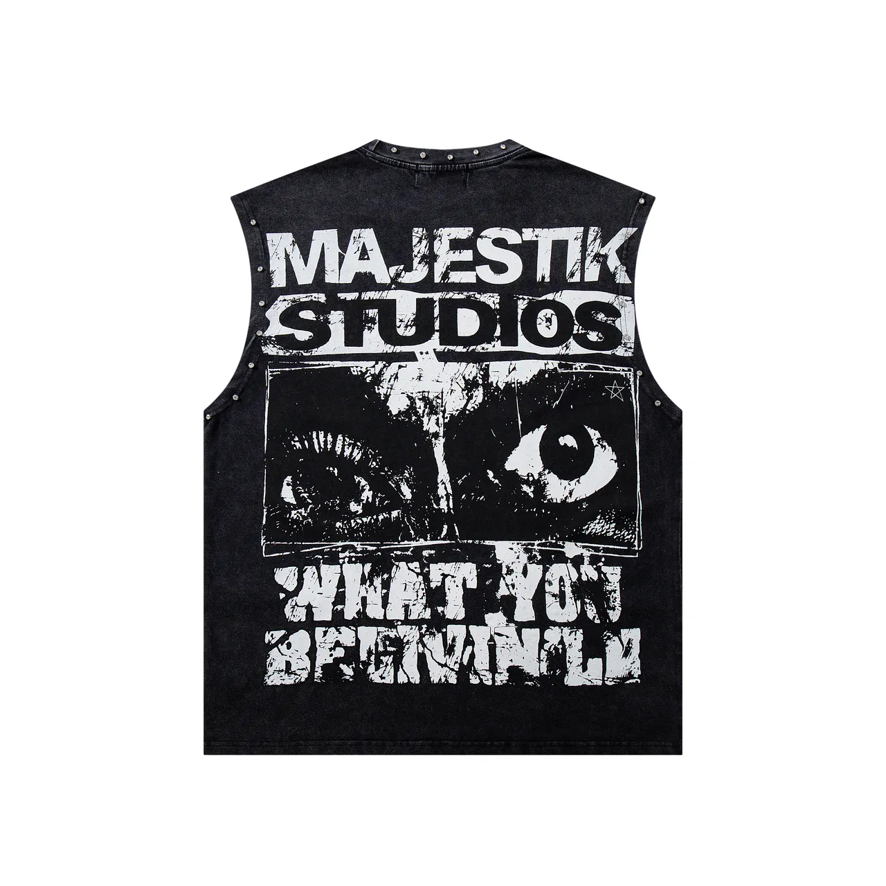 MAJESTIK Studded Screen-Printed Distressed Denim Vest Top