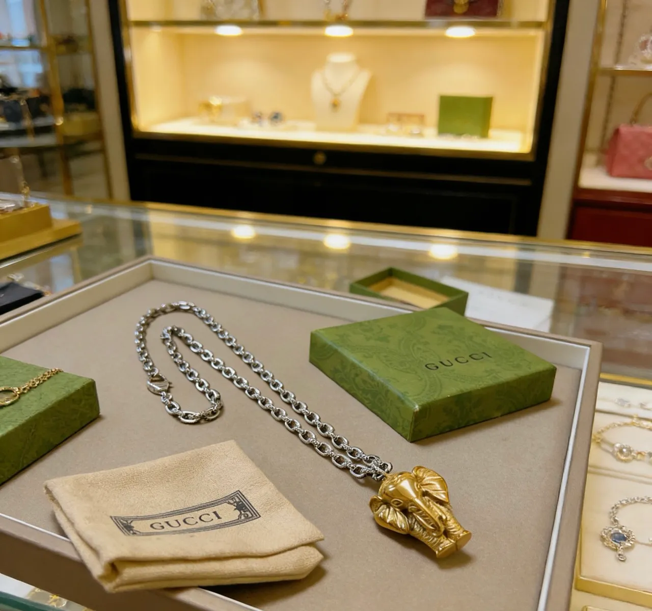 Gucci Silver Gold Sculpted Elephant Head Pendant Heavy Link Chain Necklace