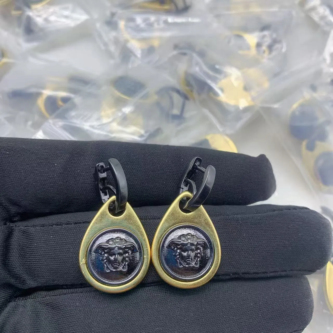Versace Medusa Gold Black Teardrop-Shaped Cameo Earrings