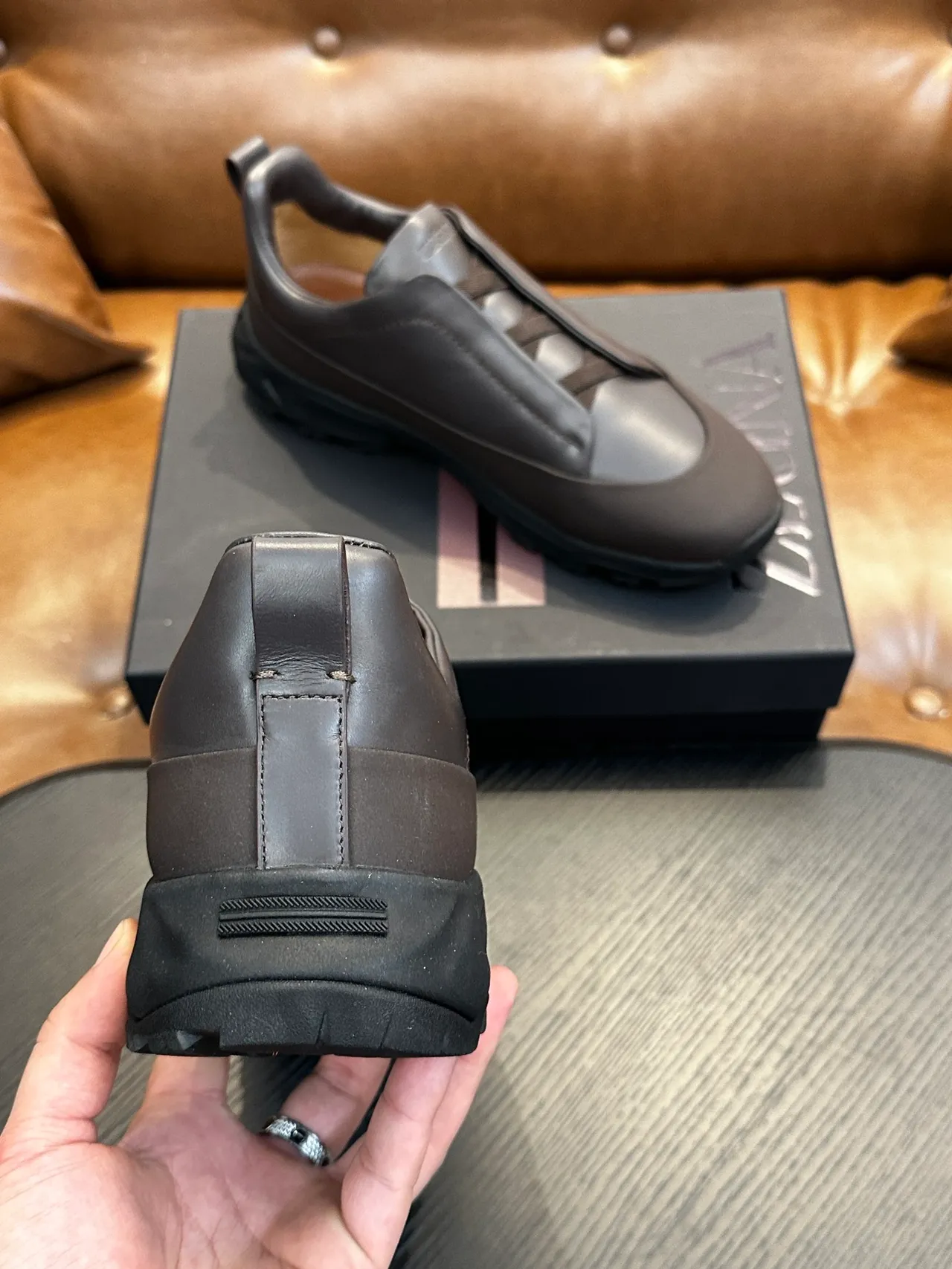 Zegna Gray Black Slip-On Leather Upper Sneakers