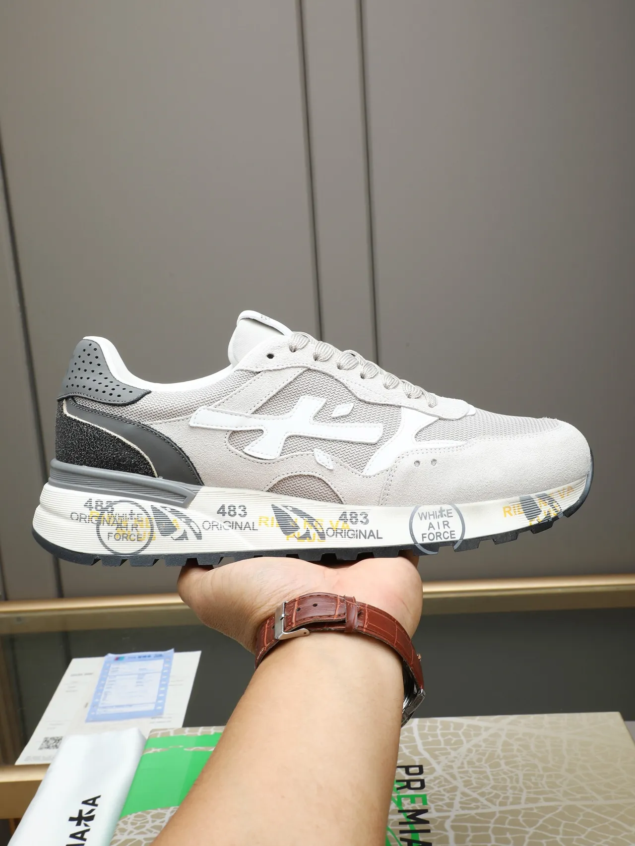Premiata Gray Black Mixed-Material Upper Sculpted Printed Midsole Sneakers