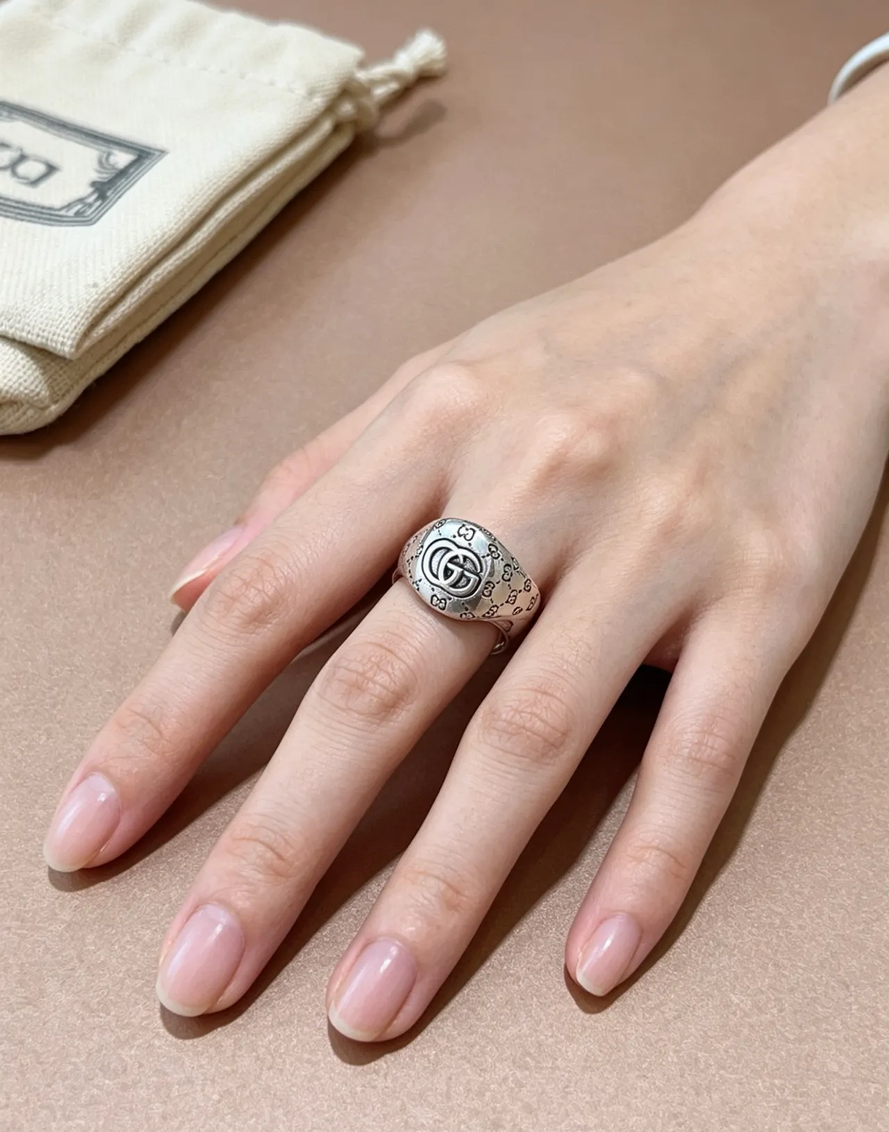 Gucci Silver Black Monogram-Engraved Signet-Style Ring