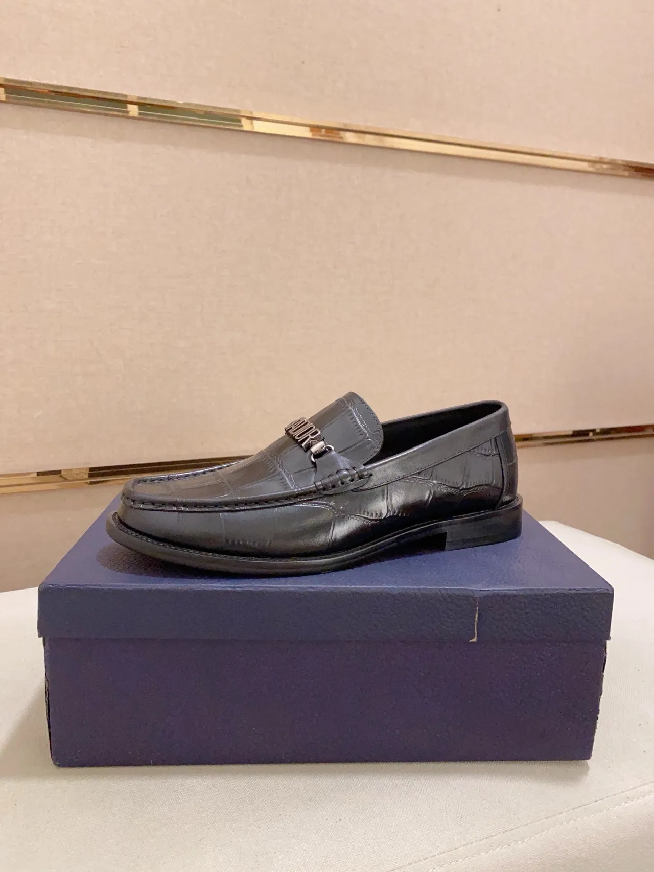 Dior Black Croc-Embossed Leather Metal Logo Strap Loafer
