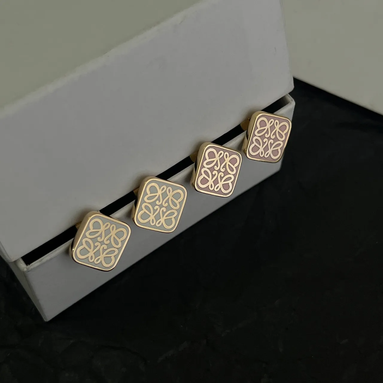 Loewe Anagram Gold Beige Square Stud Enamel-Filled Earrings