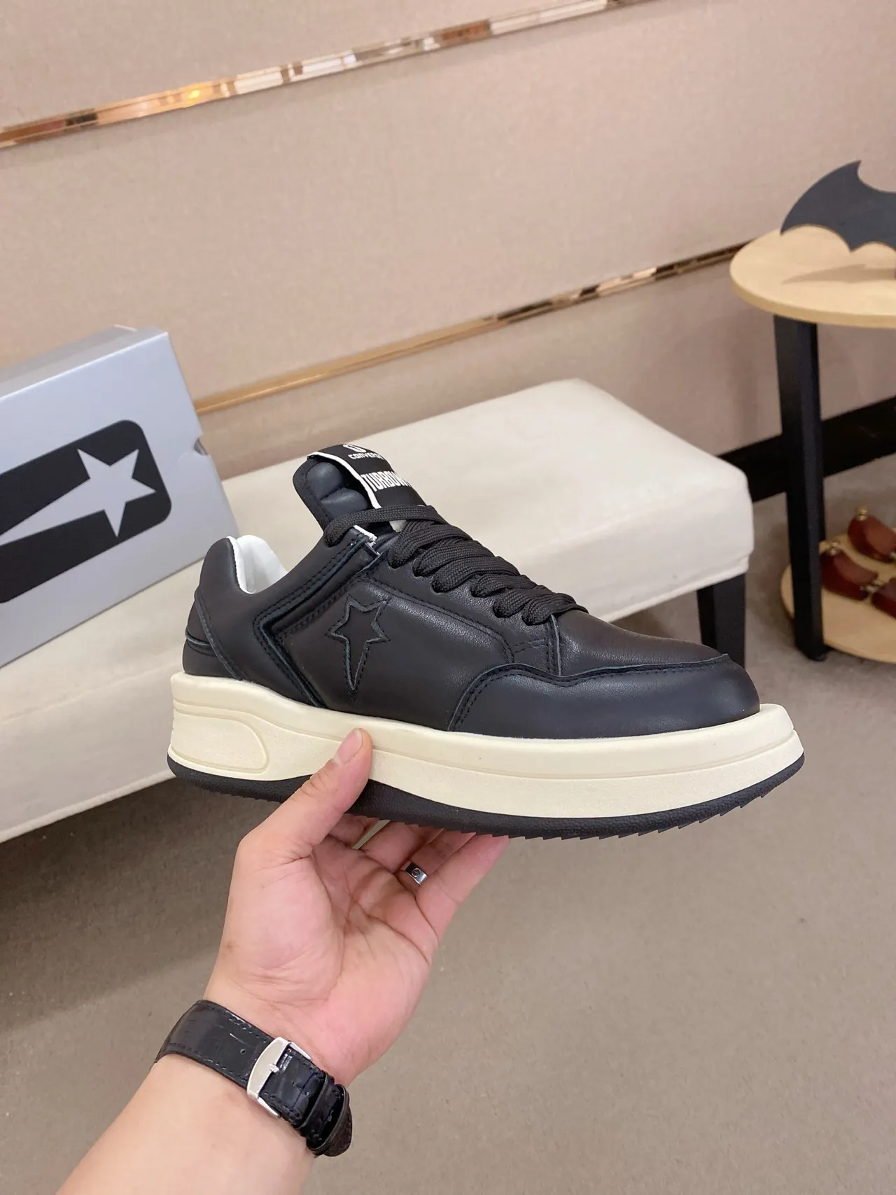 Converse Black Beige Leather Upper Off-White Platform Sole Lifestyle Sneakers