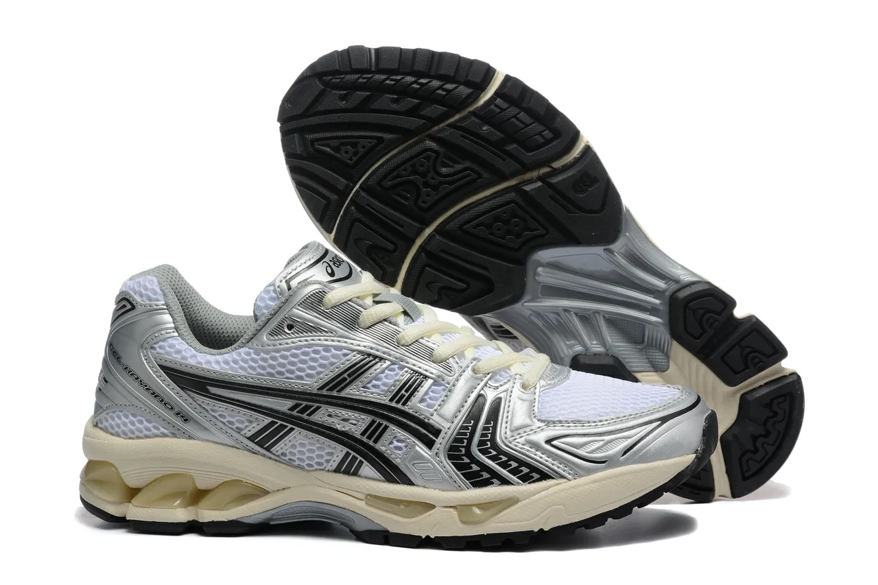 ASICS Gel-Kayano Silver Black Metallic Synthetic Overlays White Engineered Mesh Running Shoes