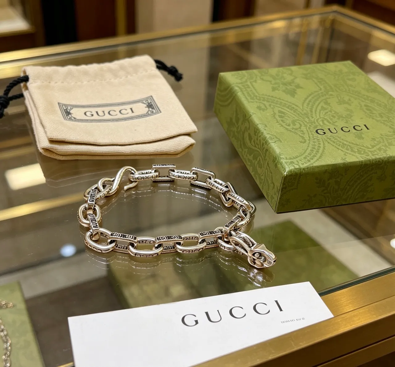 Gucci Iconic Snake Chain Engraved Silver Bracelet