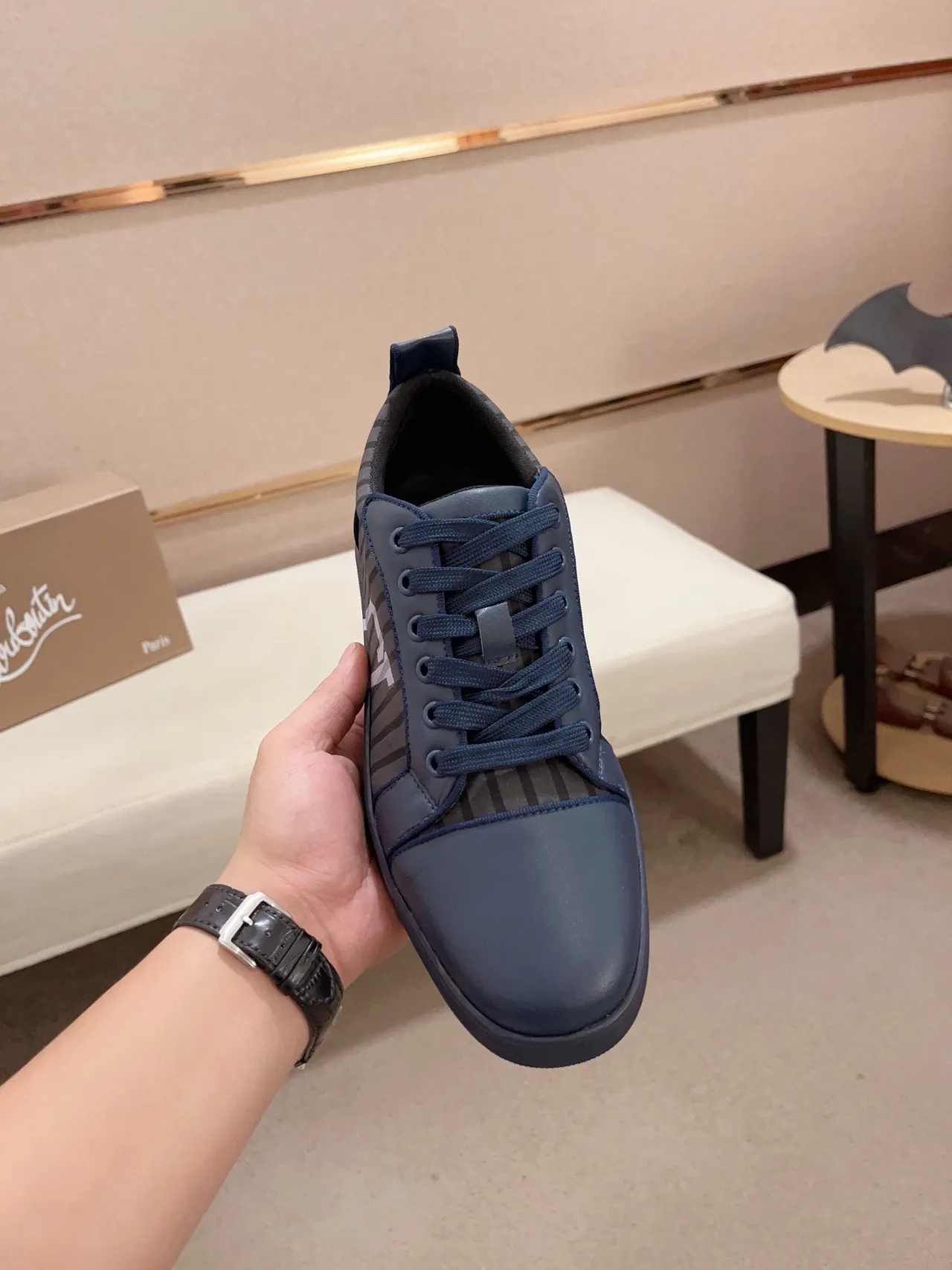 Christian Louboutin Navy Gray Low-Top Mixed-Material Sneakers