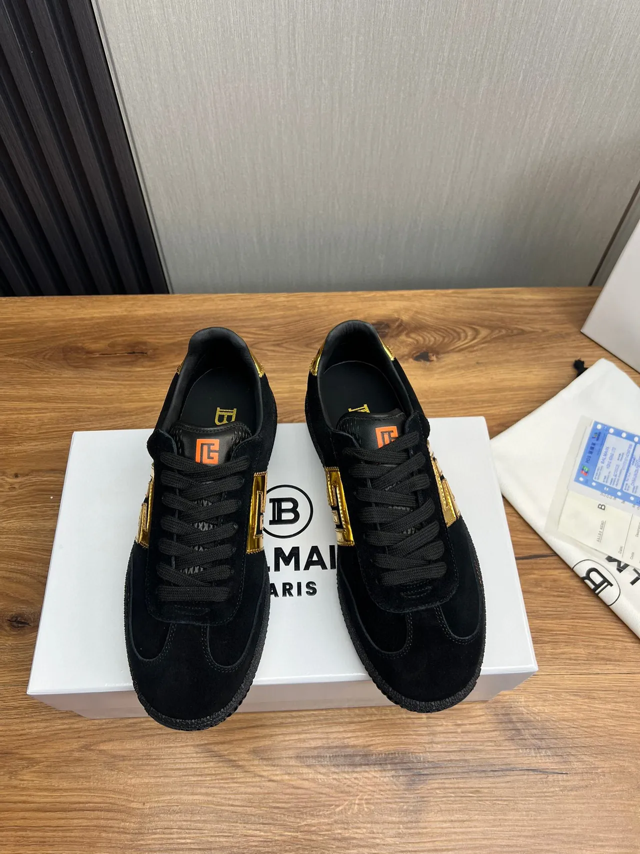 Balmain Black Gold Suede Upper Monogram Logo Lifestyle Sneakers