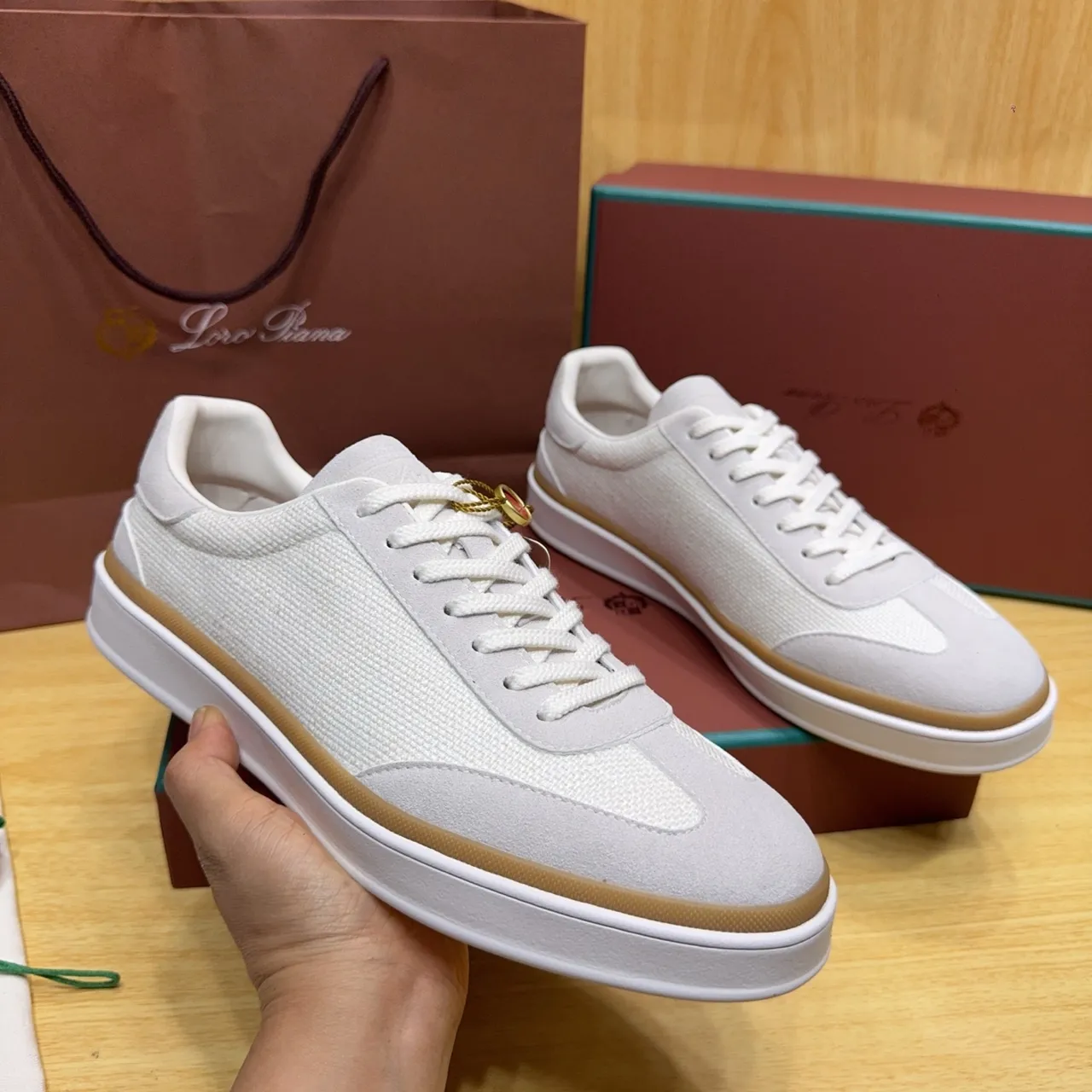 Loro Piana White Textile-Suede Platform Lifestyle Sneakers