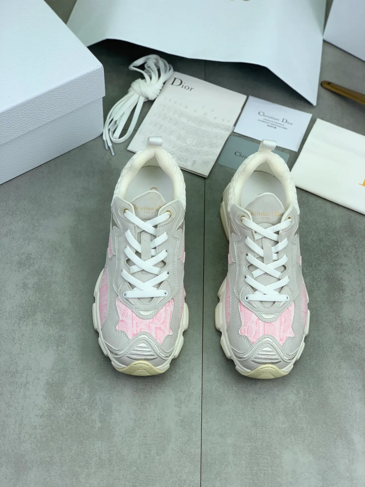 Dior Gray Pink Sole Jacquard Panels Chunky Sneakers