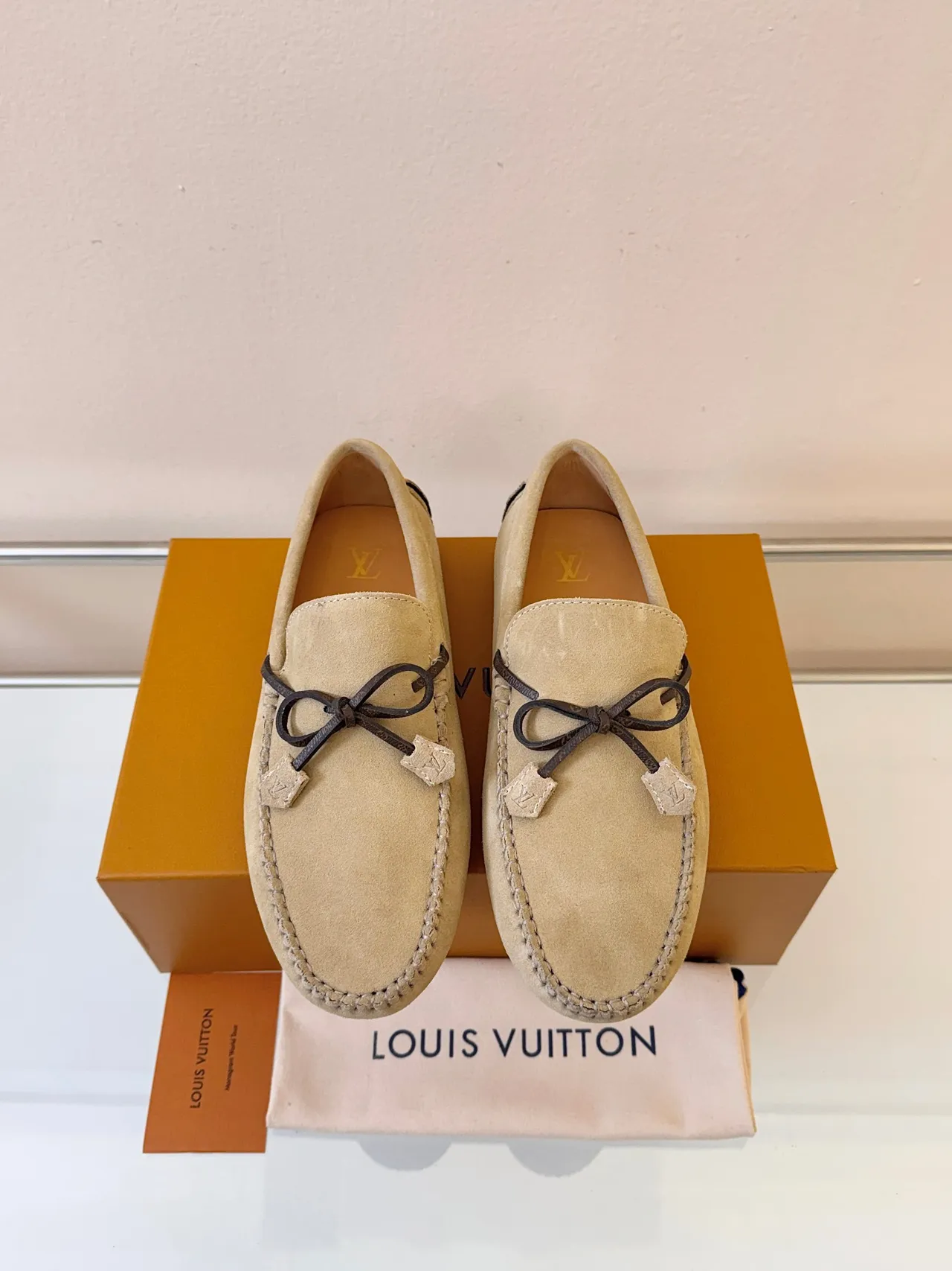 Louis Vuitton Beige Brown Suede Upper Moccasin Stitching Loafer