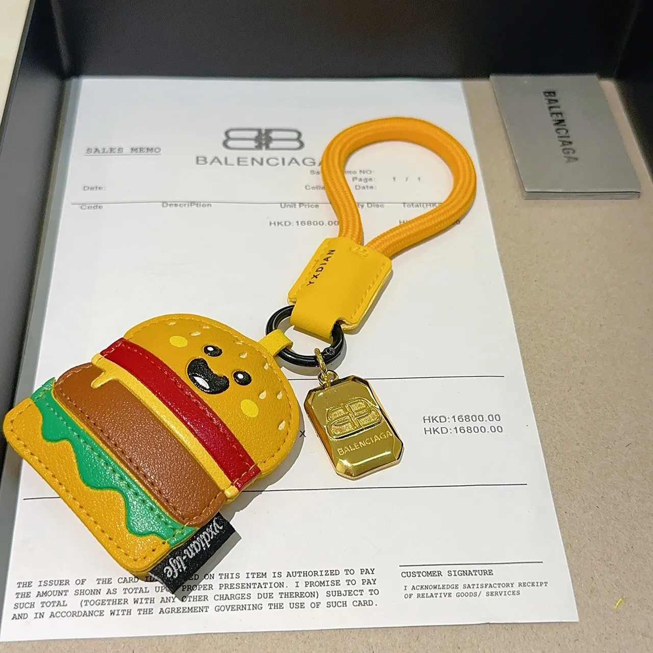 Balenciaga Yellow Multicolor Hamburger-Shaped Leather Keychain Cartoon Face Detail Phone Accessory
