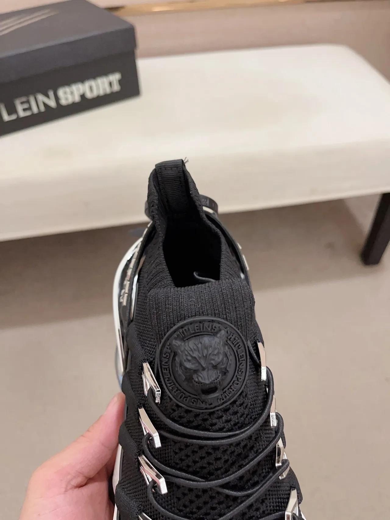 Philipp Plein Black White Knit Sock-Like Upper Metallic D-Ring Lacing System Chunky Sneakers