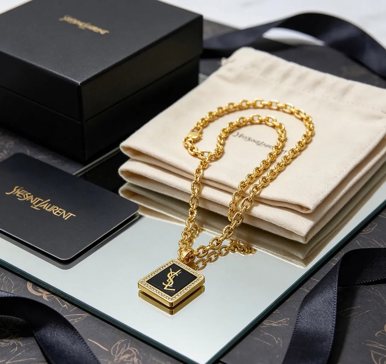 Saint Laurent Square Monogram Pendant Gold Black Curb Chain Enamel Necklace