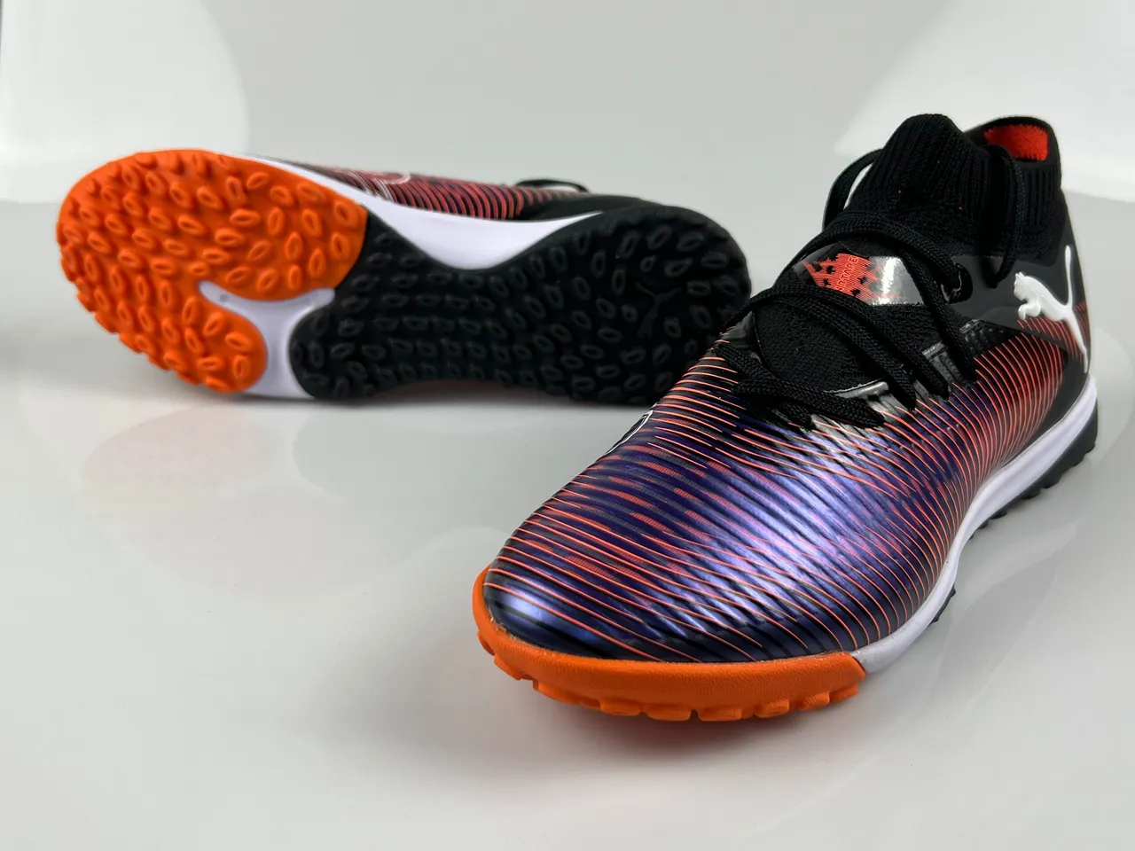 Puma Black Multicolor Knit Sock-Fit Collar Iridescent Striped Upper Turf Soccer Shoes