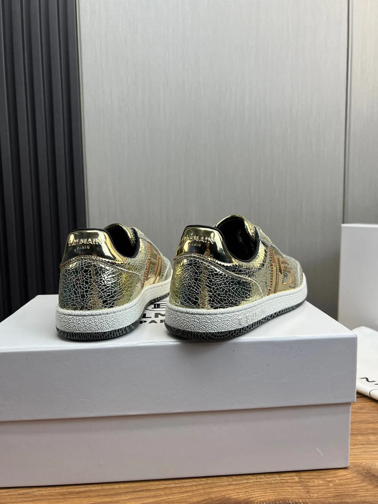 Balmain B-Court Metallic Cracked Leather Gold Black Lifestyle Sneakers