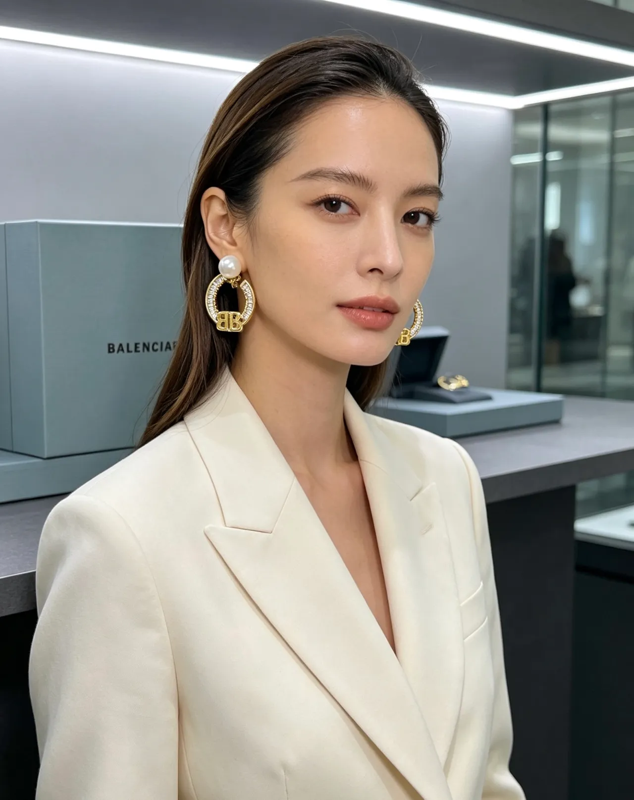 Balenciaga BB Hoop Pearl and Crystal Earrings
