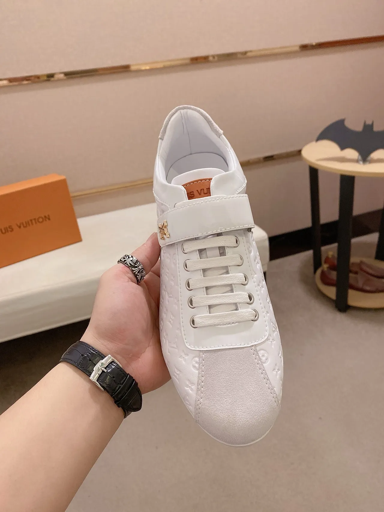 Louis Vuitton LV Trainer White Gold Monogram-Embossed Leather Suede Toe Cap Lifestyle Sneakers