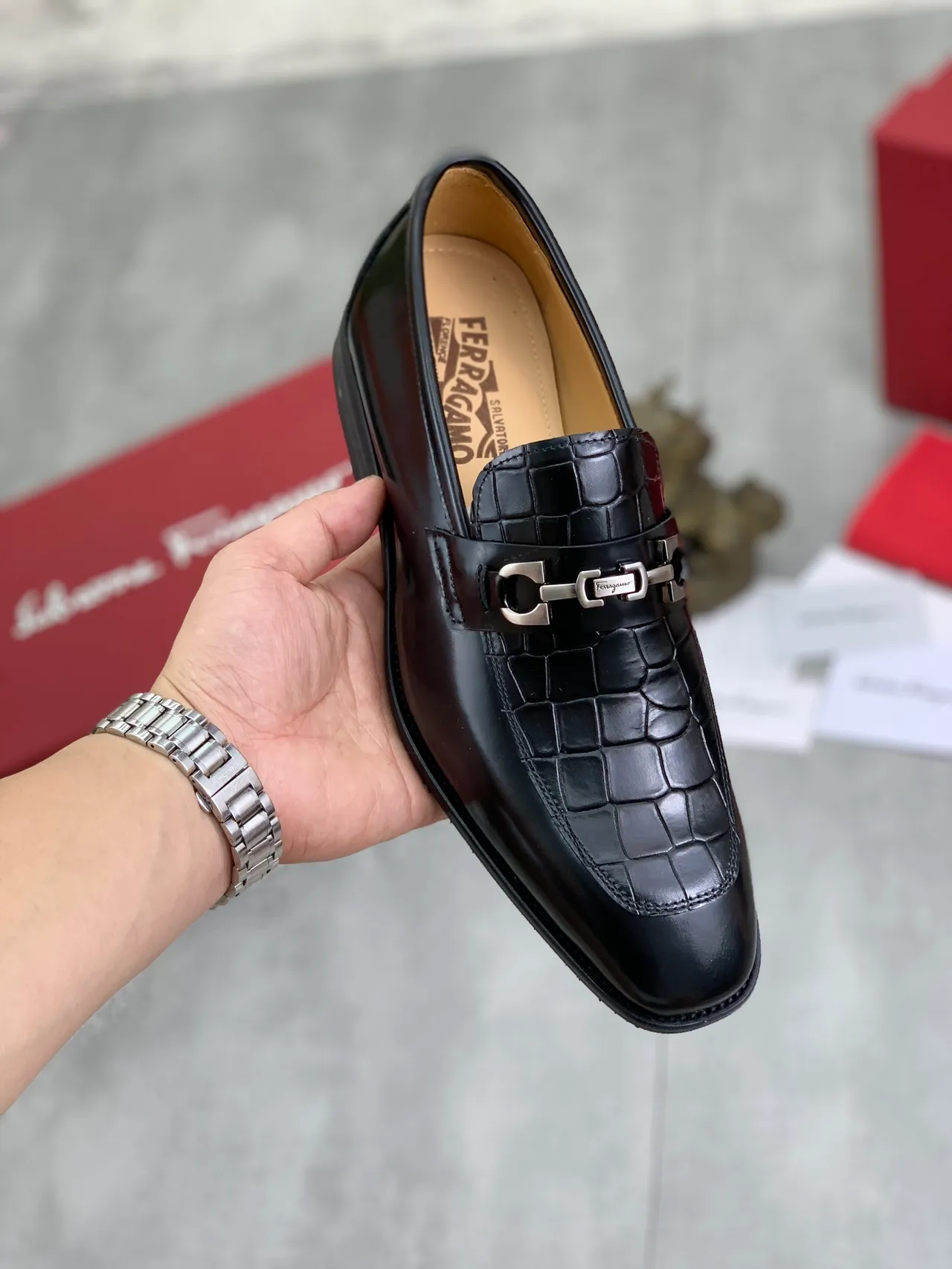 Salvatore Ferragamo Gancini Croc-Embossed Black Loafers