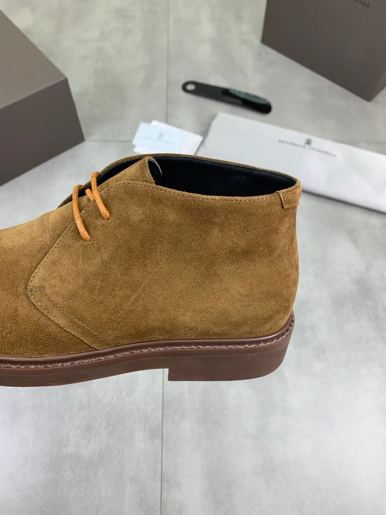 Brown Beige Suede Chukka Boot Welted Construction Ankle Boots
