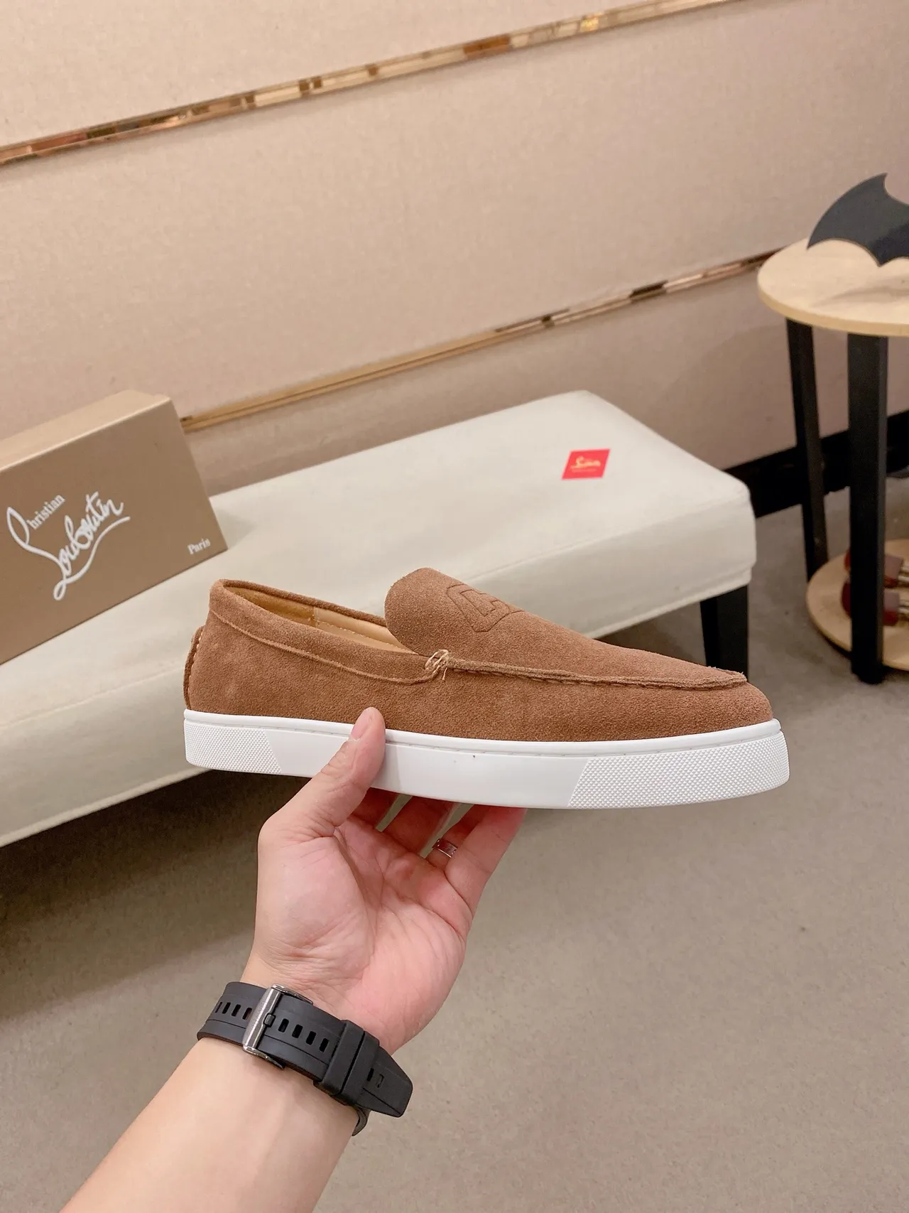 Brown White Suede Upper Rubber Sole Loafer