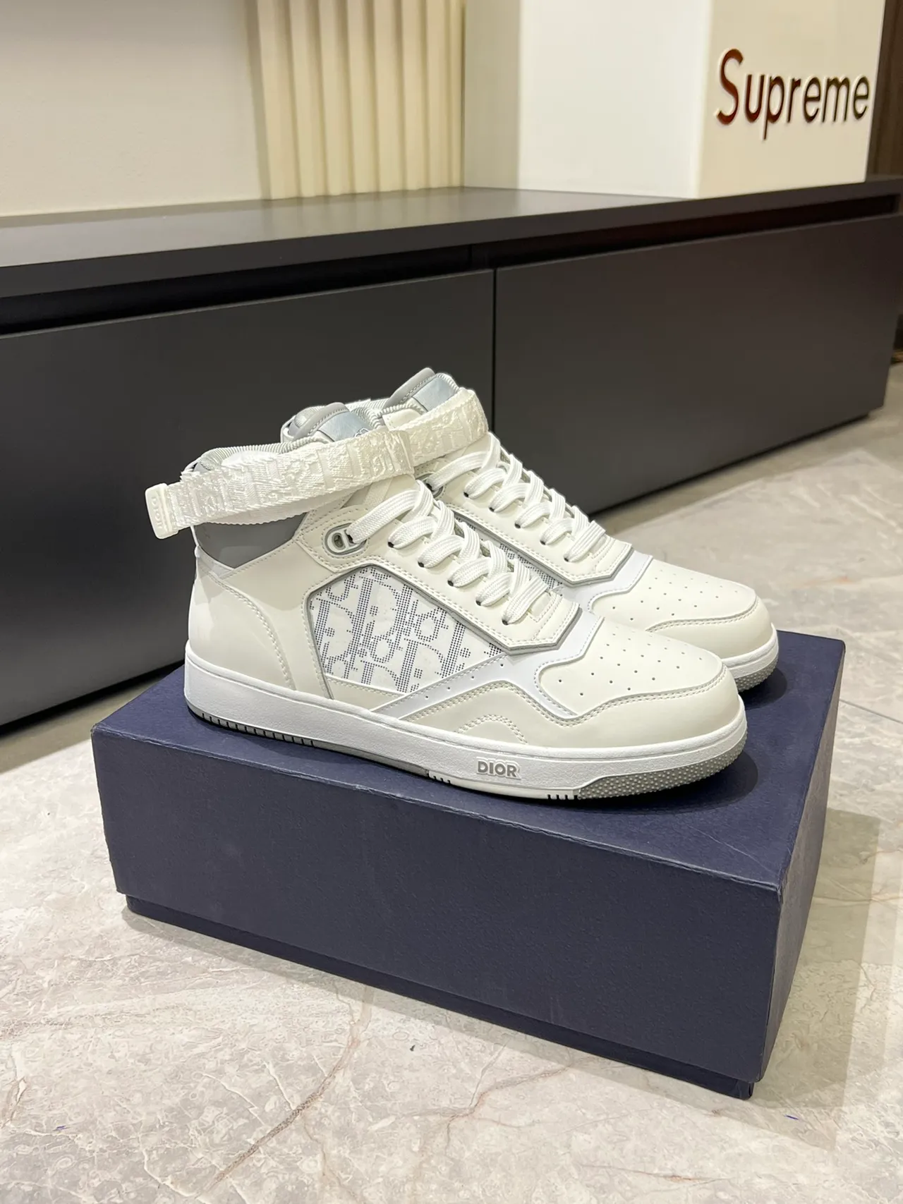 Dior White Gray High-Top Ankle-Strap Lifestyle Sneakers