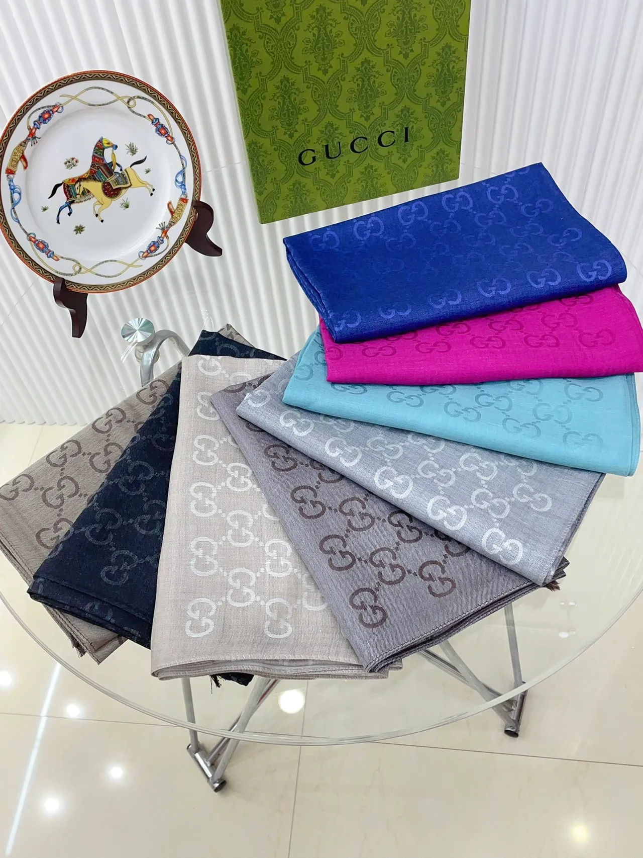 Gucci Monogram-Printed Gray Silk Scarf