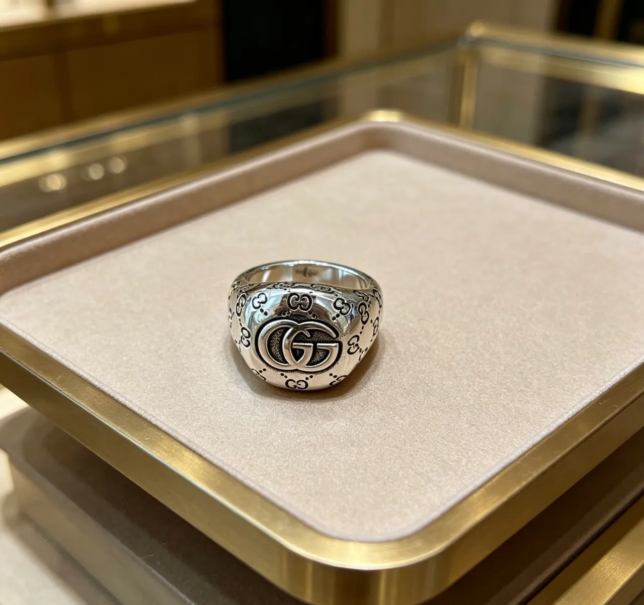 Gucci Silver Black Monogram-Engraved Signet-Style Ring