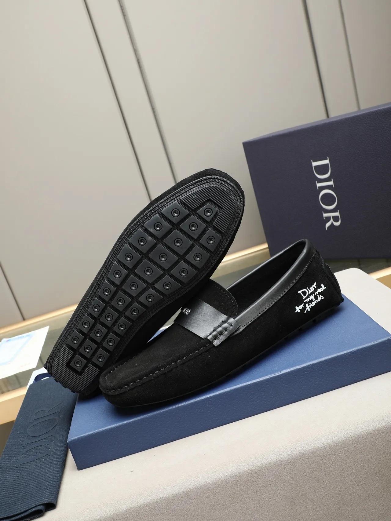 Dior Black White Suede Upper Smooth Leather Strap Loafer