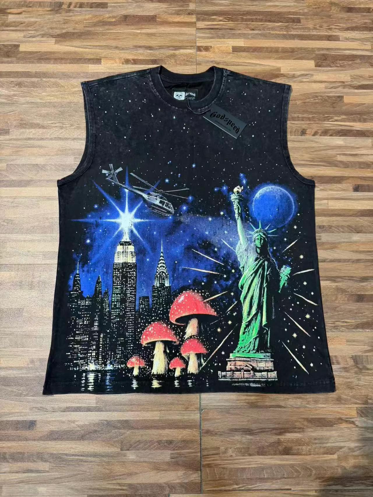 Godspeed Graphic-Print Acid-Wash Black Vest Top