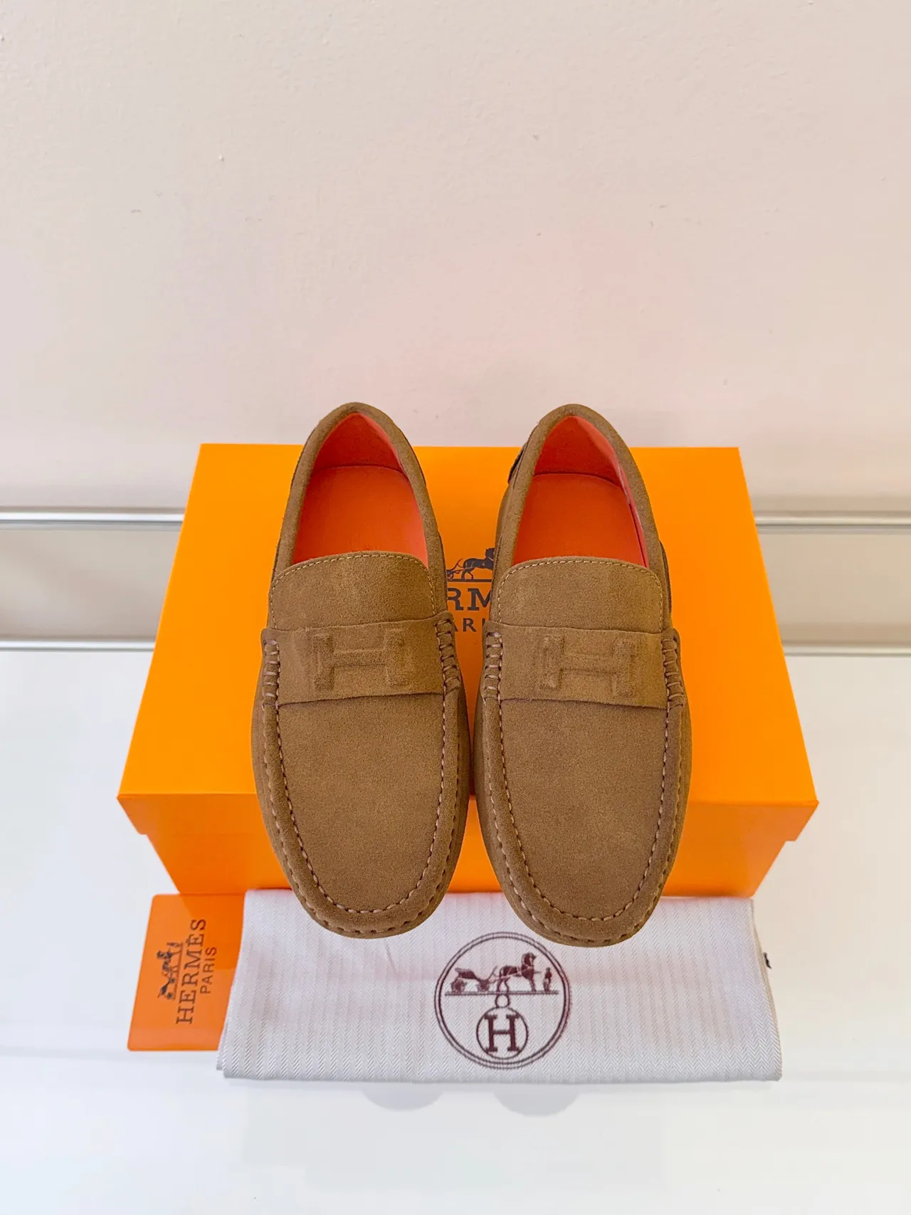 Hermès Oran Brown Orange Suede Upper Penny Strap Loafer