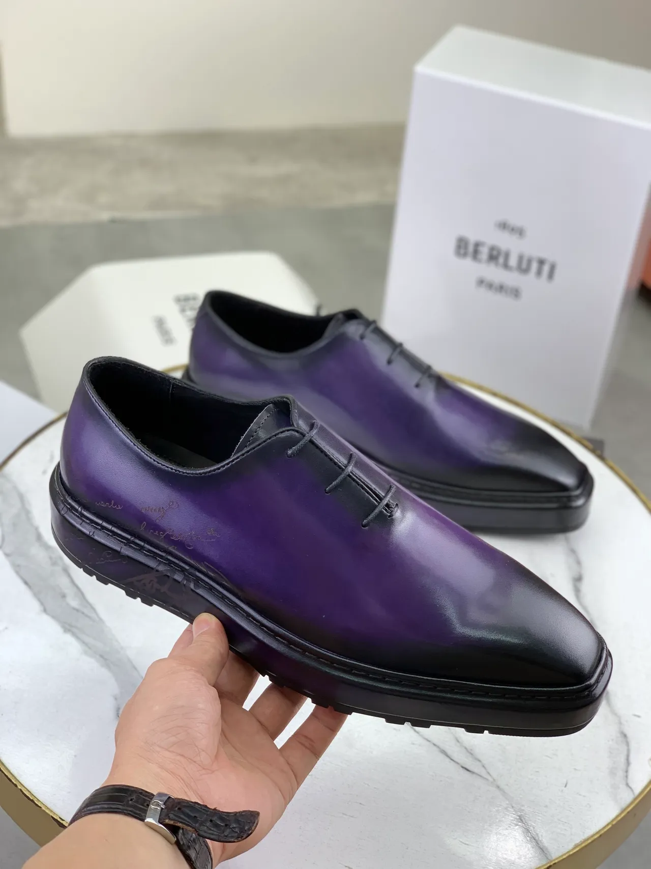 Berluti Purple Black Square-Toe Gradient Leather Oxford Shoes