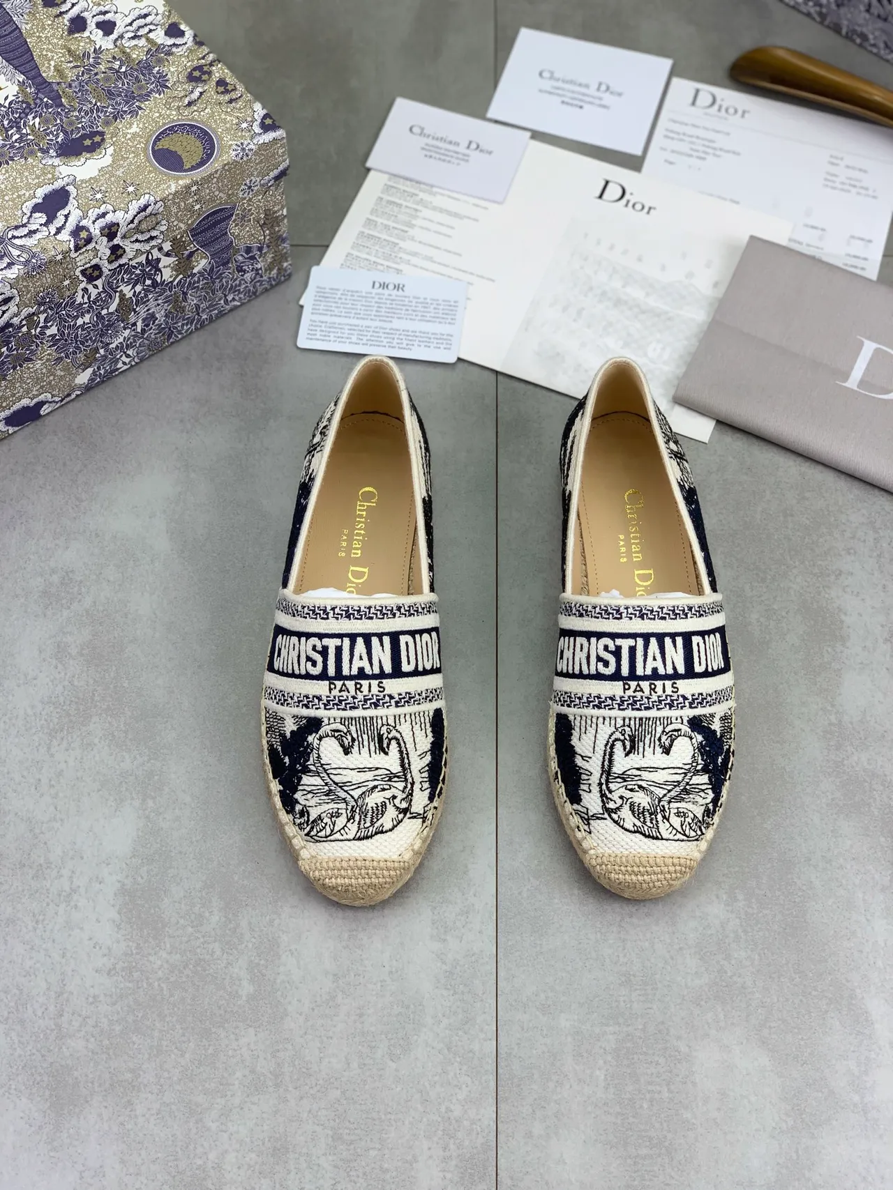 Dior Beige Navy Woven Jute Sole Canvas Upper Boat Shoes