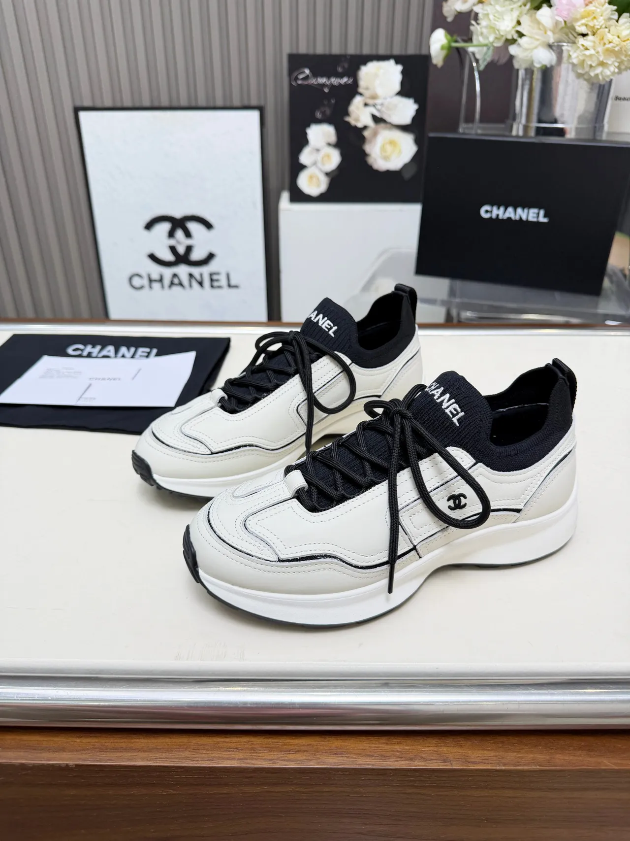 Chanel White and Black Leather CC Logo Chunky Sneakers